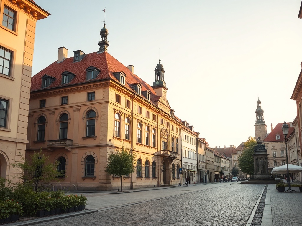 Zdjęcie przedstawiające ulicę w Łukowie z lat 70. XX wieku, ukazujące ówczesną architekturę i pojazdy.