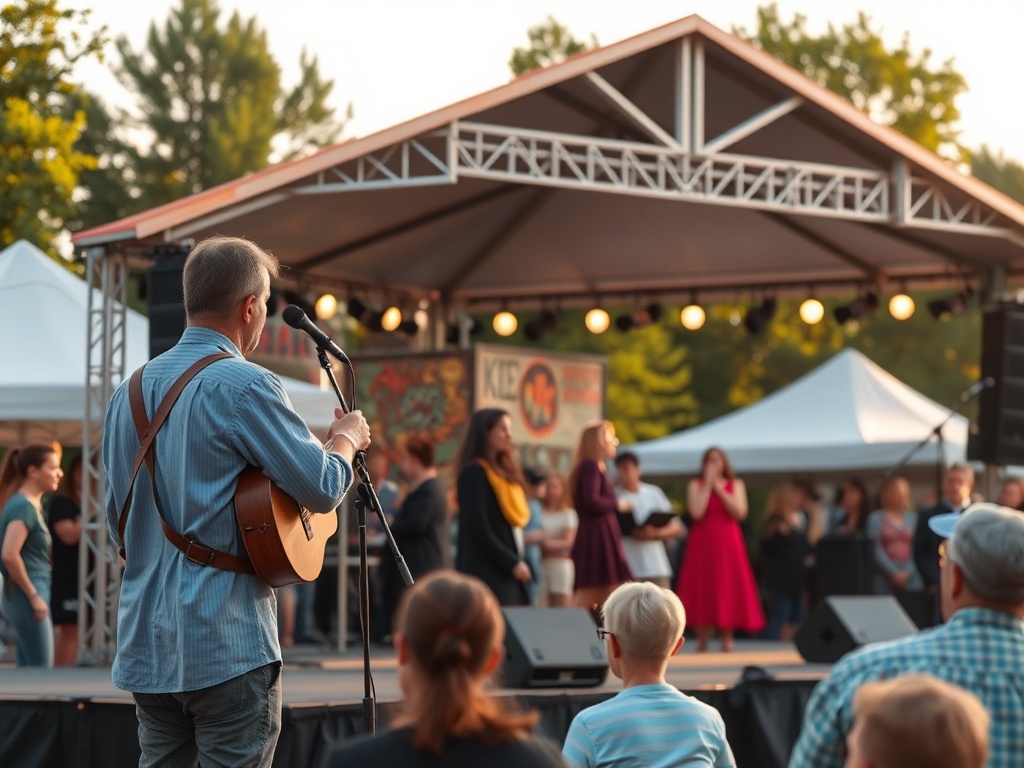 Łukowski Rynek podczas majówki, udekorowany flagami i z widocznymi mieszkańcami korzystającymi z uroków miasta.